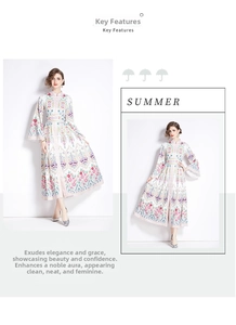 Detail of mandarin collar and floral print on bohemian long sleeve maxi dress