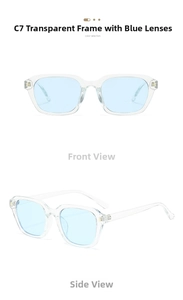 Front and side view of C7 square transparent glasses frame with light blue lenses