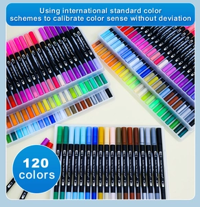 Detailed overhead view of 120 color double-ended markers organized in a storage tray