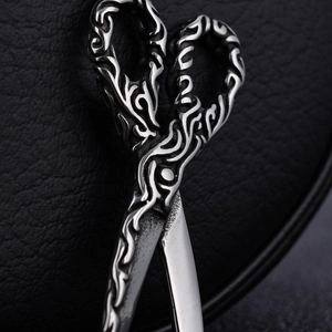 Men's stainless steel necklace with vintage engraved scissor pendant on black leather