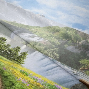 Detailaufnahme des HD-Wasserfall-Drucks und der weichen Textur des Dekostoffes