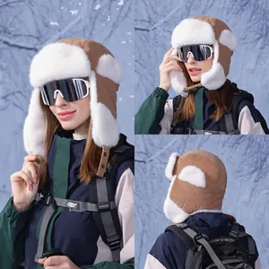 Women Winter Trapper Hat Faux Fur Ear Flap Thermal Windproof Bomber Hat For Skiing Outdoor Warm