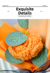 Detail of handcrafted crochet orange rose bouquet with realistic green leaf texture