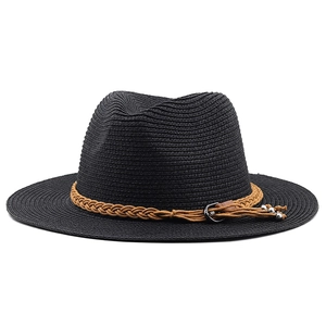 Classic black straw fedora hat with brown braided band and metallic tassel detail