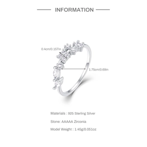 Detail showing S925 sterling silver ring dimensions and AAAAA cubic zirconia inlay