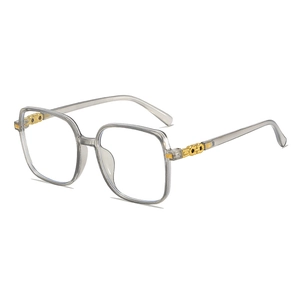 Transparent grey square large frame glasses with elegant gold metal hinge detail