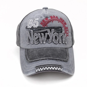 Detail of vintage washed baseball cap with NewYork embroidery and 85 patch details