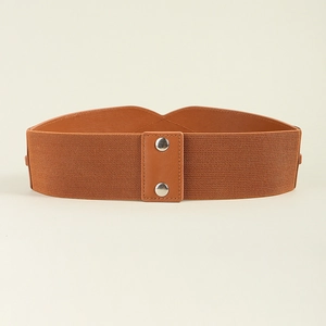 Macro view of brown elastic waist belt with double silver snap buttons and knit texture