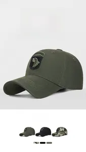 Close-up of tactical baseball cap with Airborne embroidery and durable camouflage canvas