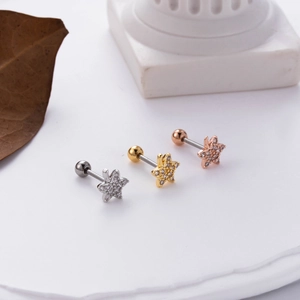 Detailed view of star-shaped zircon ear studs in silver, gold and rose gold finishes