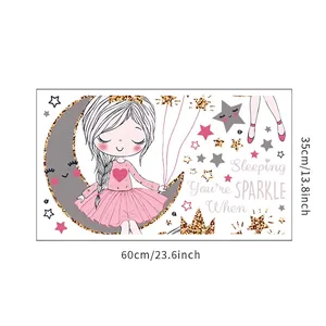 Detailansicht Wandtattoo Kleines Mädchen auf dem Mond mit Maßen 60x35cm und Sternen
