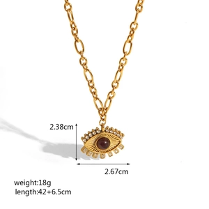 Gold-plated stainless steel devil's eye necklace with brown stone and crystal pavé details