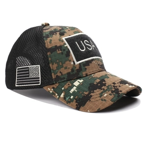 Detail of digital camouflage baseball cap featuring USA patch and breathable black mesh