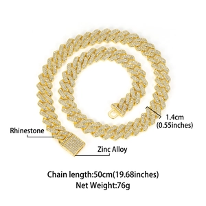 Detail showing 14mm golden rhinestone cuban link necklace with zinc alloy specs