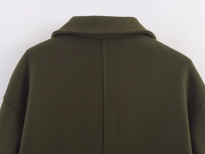 Close-up of olive green wool coat showing back collar seam and refined fabric texture