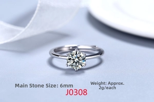 Detail view of 6mm zircon stone on a silver adjustable six-prong engagement ring