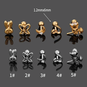 316L stainless steel ear piercing set with rabbit moon and heart designs in gold and silver