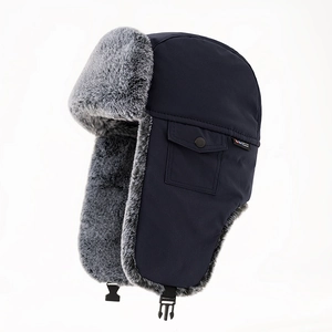 Men Winter Trapper Hat Faux Fur Lined Warm Ear Flaps Windproof Outdoor Cycling Bomber Hat With Side Pocket