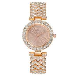 Luxurious rose gold women's watch with full diamond-encrusted dial and spiral rhinestone patterns