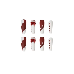 Faux ongles adhésifs rouge et blanc avec nœuds 3D et pois de forme ovale brillante