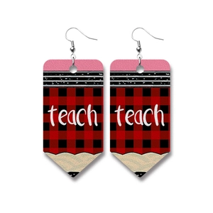 Detail of pencil-shaped PU leather earrings with red plaid and teach inscription