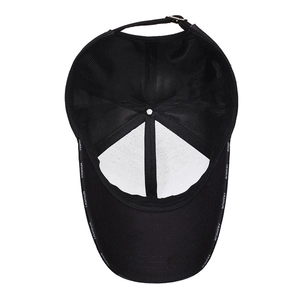 Inside view of black cotton baseball cap with breathable mesh and metal buckle