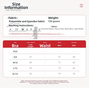Größentabelle für Sport-BH mit Maßen, Materialzusammensetzung und Pflegehinweisen