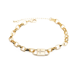 Gold adjustable chain bracelet with sparkling zircon cross charm on rectangular plate