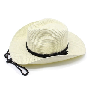 Detail of a beige woven cowboy straw hat featuring a black band and adjustable wind rope