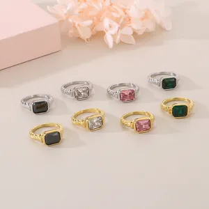 Vintage Rectangle Glass Inlaid Ring 316L Stainless Steel Rope Texture Twist Band Retro Waterproof Jewelry For Women