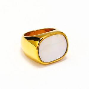 Golden titanium steel signet ring with oval white mother of pearl inlay for men and women