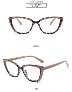 Detail of square cat-eye glasses frame in leopard print and curry brown TR material