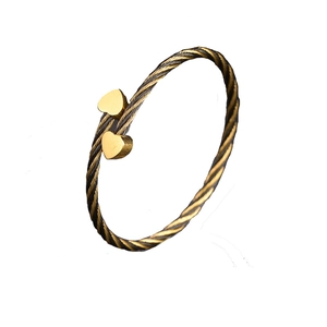 Bracciale rigido cuore retrò in acciaio inox 304 con filo intrecciato nero e oro