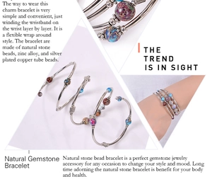 Dettaglio del bracciale multistrato in pietra naturale con perle argentate e trame viola