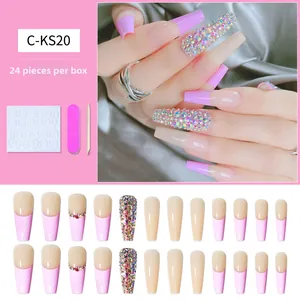 Coffret de 24 faux ongles ballerine longs avec pointes françaises roses et strass