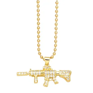 Hip hop punk style golden rifle pendant necklace fully iced out with sparkling crystals