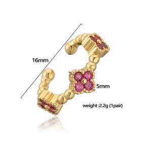 Luxurious 18K gold clover ear bone clip with pink zircon stones, 16mm outer diameter