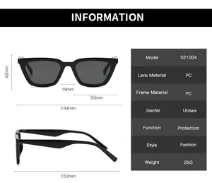 Size information and dimensions chart for retro cat eye sunglasses with PC frame details