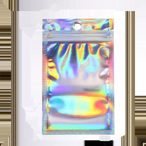 Close-up of holographic laser resealable bag with metallic rainbow reflection and hang hole