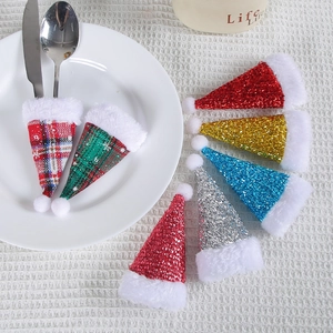 Mini Christmas hat cutlery holders in colorful sequins and plaid patterns for table decor