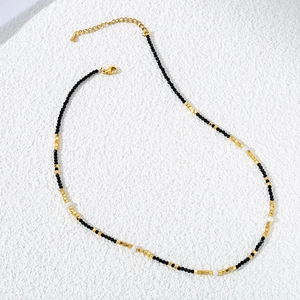Elegant 18k gold plated stainless steel necklace with black spinel beads and pearls