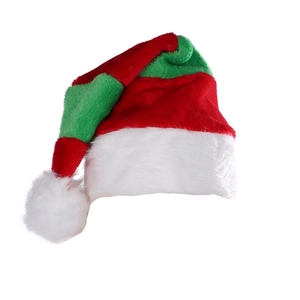 Classic red and green striped Christmas hat with plush pompom and white faux fur trim