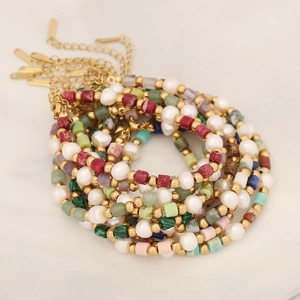 Handmade Bohemian Beaded Bracelet With Natural Stone Artificial Pearl And Stainless Steel Adjustable Chain For Women