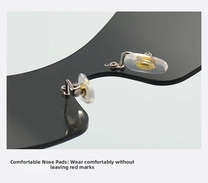 Detail of comfortable silicone nose pads on rimless Y2K sunglasses for a non-slip fit