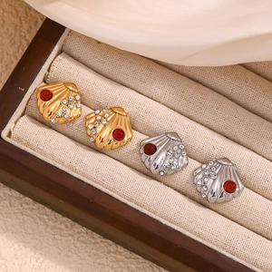 Vintage seashell earrings in gold and silver finish with red stones and sparkling crystals