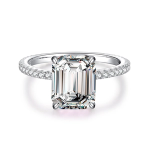 Elegant 925 sterling silver ring with emerald-cut high carbon diamond and pavé band