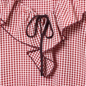 Rot-weiß kariertes Hemd mit Rüschenausschnitt und dunkelbraunem Bindeband-Detail