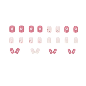 Pink and white heart graffiti press-on nails set with 24 pieces of glossy nail tips