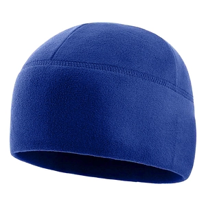 Blue fleece winter sports beanie for outdoor hiking and skiing on white background