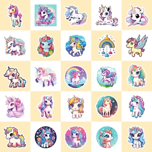 50 pieces of cute cartoon unicorn stickers in colorful rainbow macaron styles